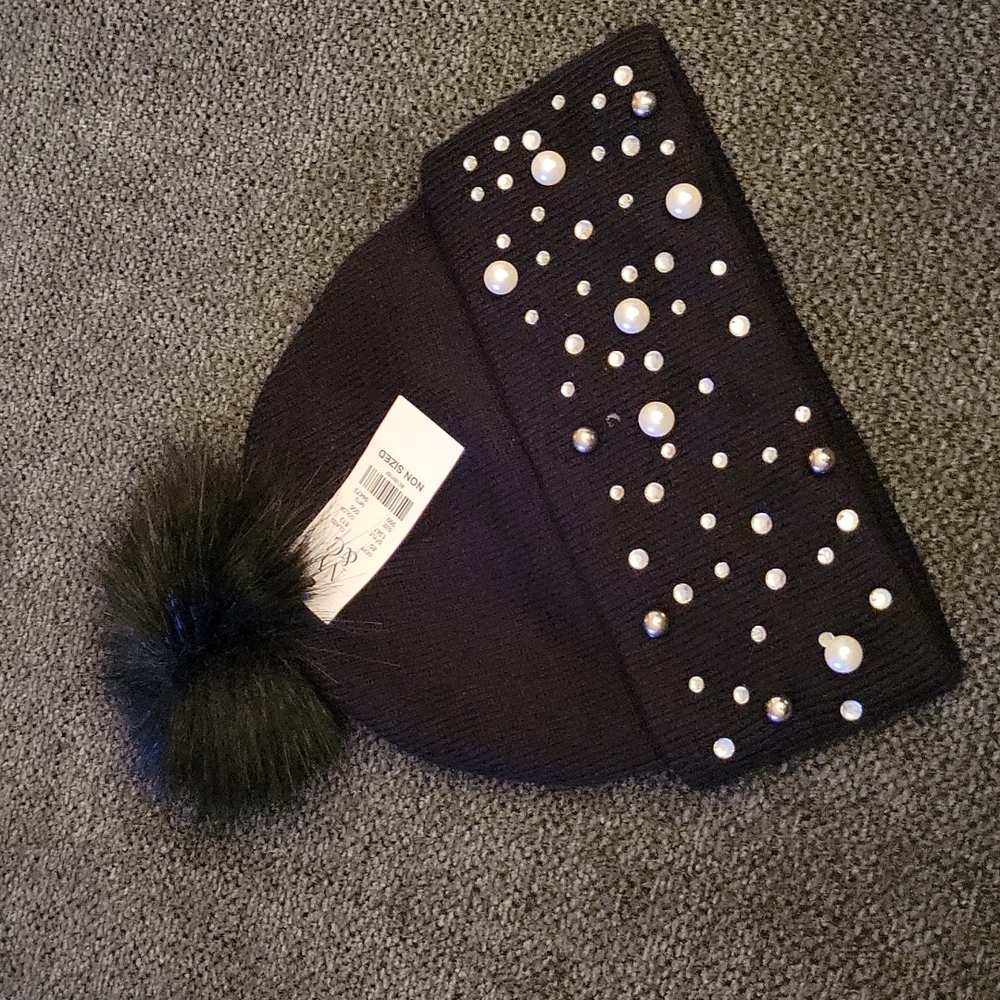 Black beanie hat with gems and pearls